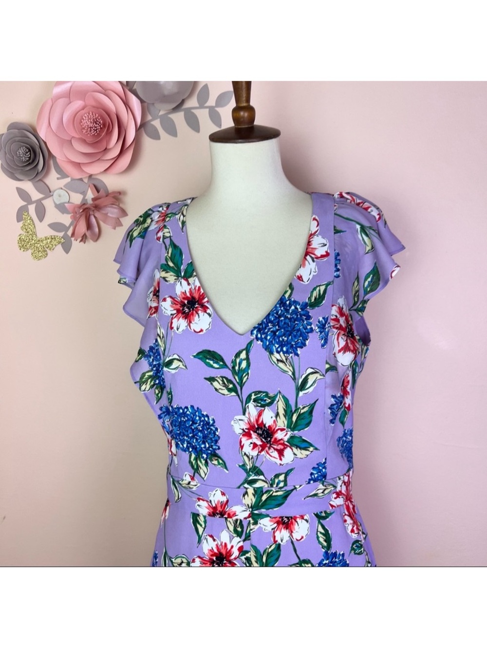 New! Parker Ana Floral Romper Purple Blue Red Flutter Sleeve V-Neck - Picture 4 of 8